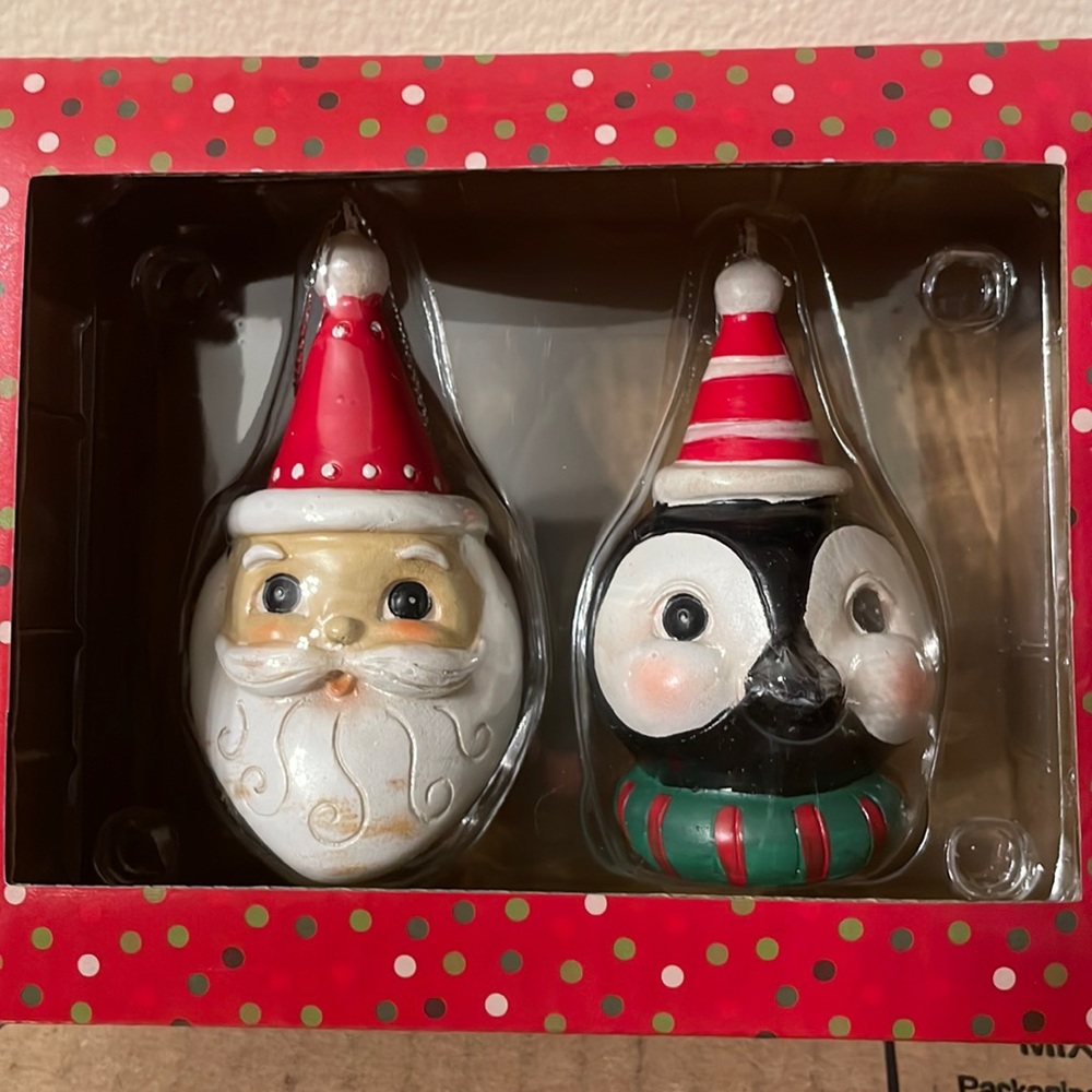 JP Santa and Penguin ornaments